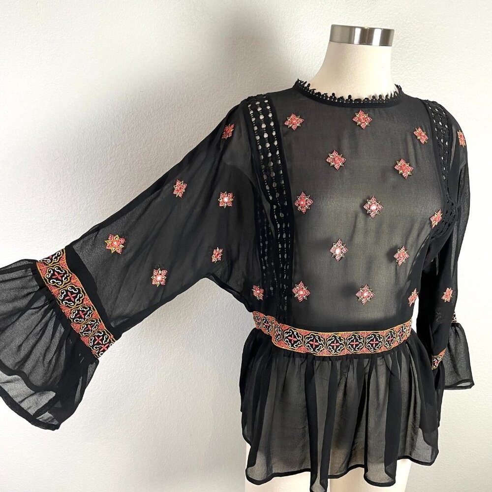 Endless Rose Womens Small Embroidered Sheer‎ Blouse Peplum Hem Shirt Top
